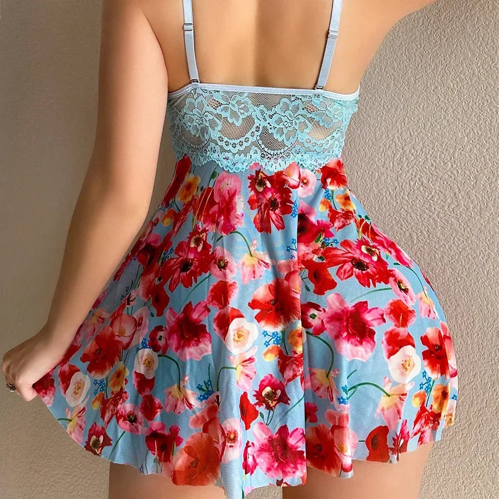 Floral Lace Babydoll Nightgown - Romantic Print Sleepwear with Summer Lingerie Style