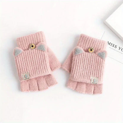 Women’s Cat Ear Fingerless Gloves - Warm Convertible Winter Gloves with Elastic Fit