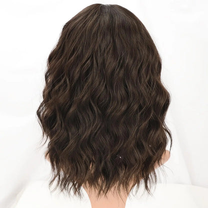 Natural Brown Synthetic Curly Wavy Bob Wig with Bangs – Stylish Wig for Women
