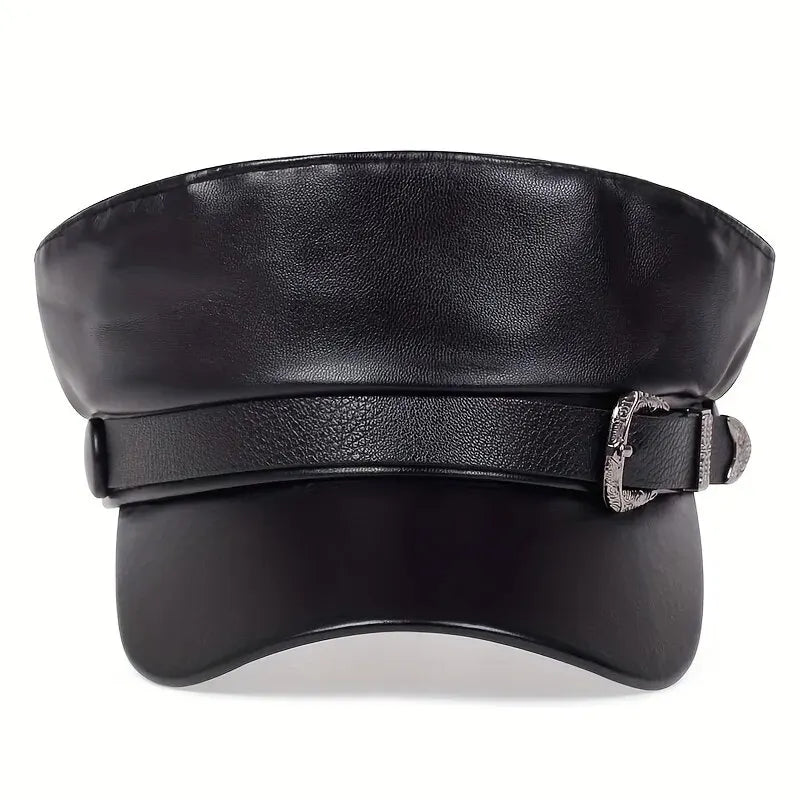 Large Buckle Leather Beret Hat - Fashion Sailor Military Cap for Women and Men