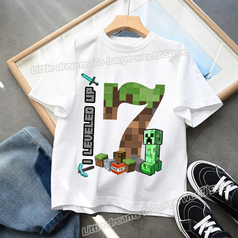 Miner Crafting Birthday Number T-Shirt – Cartoon Summer Short Sleeve Tops for Boys Party Gift