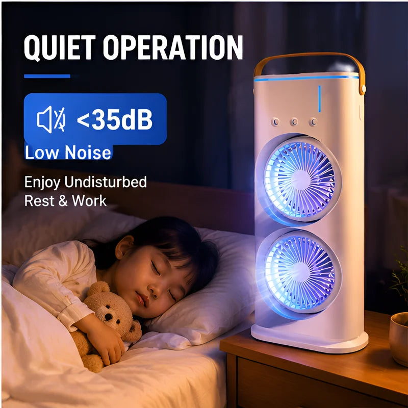 3-in-1 Portable Air Cooler Fan - Dual Head Cooling Fan with LED Night Light & Humidifier for Home and Office