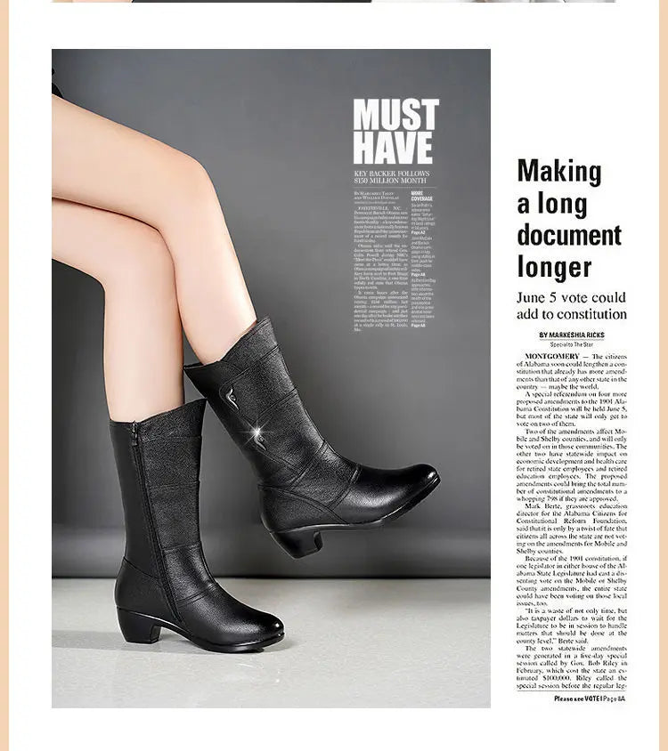 2024 Women’s Fashion Mid-Calf Boots – Waterproof Leather, Anti-Slip Zipper Winter Footwear