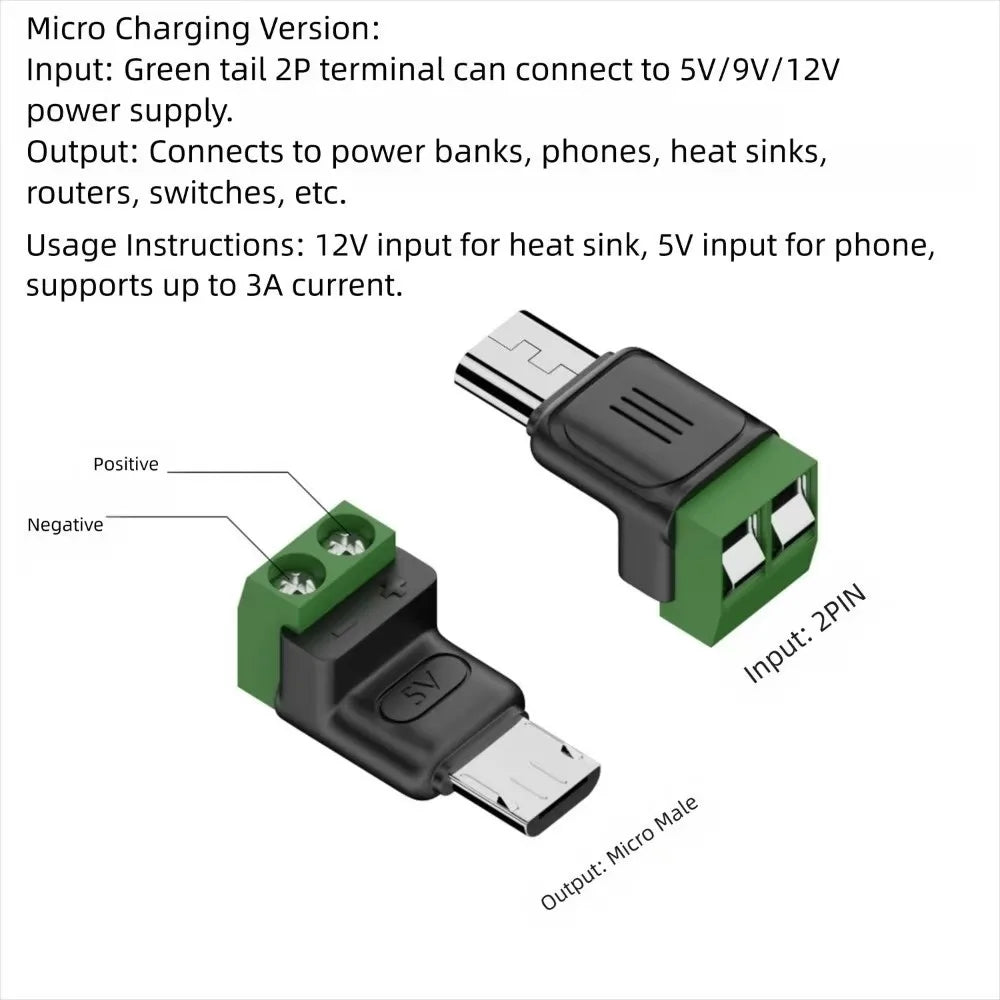 USB-C to 2-Pin Terminal Adapter - Solderless Screw-Type 5V Charging Connector, Green, 1–4 Pack