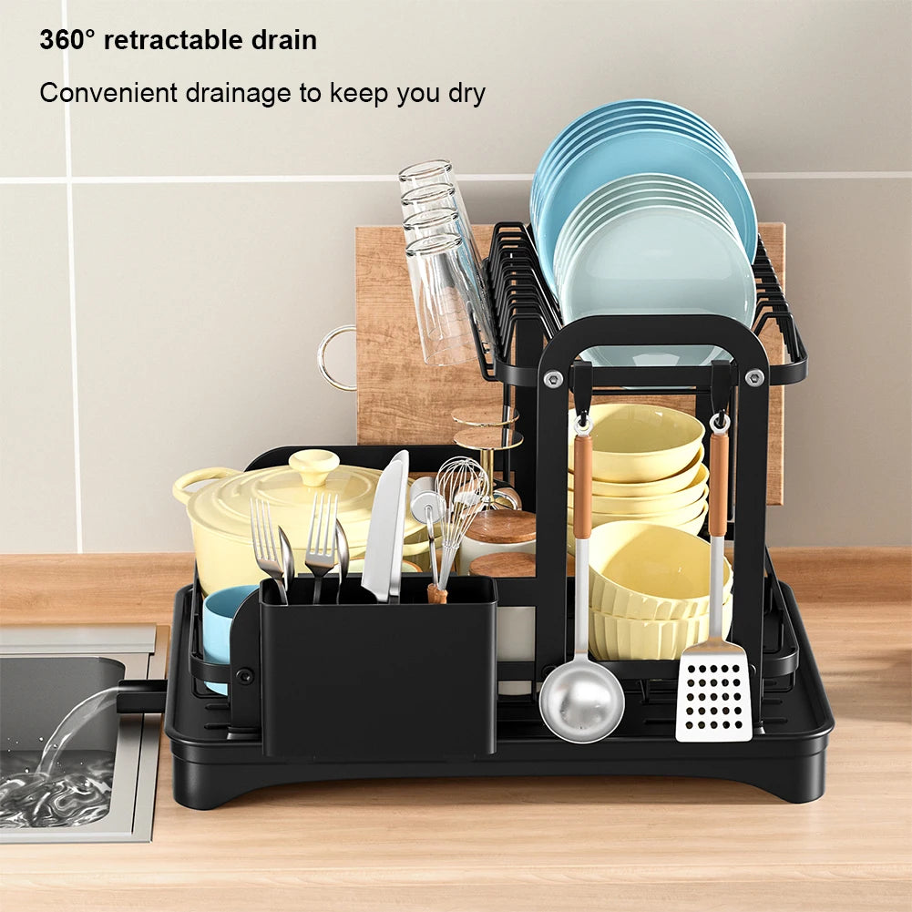 2 Tier Dish Drying Rack with Drain Basket - Kitchen Countertop Dinnerware Organizer | Dish & Bowl Drainer Storage Rack with Drainboard