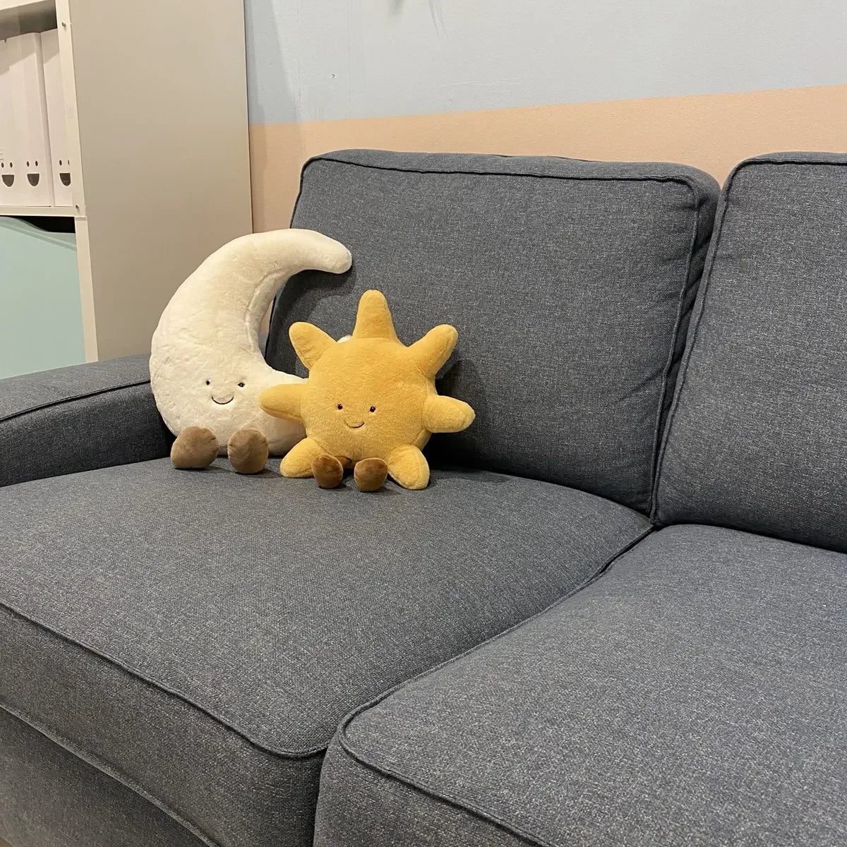 Smile Face Moon & Sun Plush Cushion – Cute Weather Stuffed Toy for Kid's Bedroom Decor & Sofa Throw Pillow