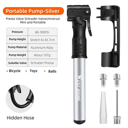 WEST BIKING Mini Bicycle Pump - Portable Aluminum Alloy Tire Inflator for MTB Road Bike Schrader Presta Valve