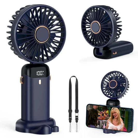 5000mAh Handheld Mini Fan – Wireless USB Rechargeable Portable Fan with Digital Display, Phone Holder, 5-Speed Foldable Neck Hanging Fan