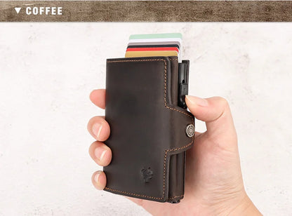 HUMERPAUL Men’s Pop-Up Card Holder – Crazy Horse Leather RFID Blocking Slim Wallet with Money Pocket & Metal Bank Card Case