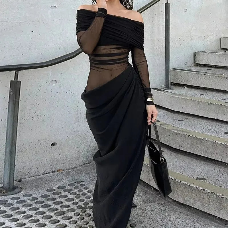 Tuularose Sexy Mesh Hollow Long Dress - One Shoulder Long Sleeve Patchwork Resort Gown for Summer Party & Evening Wear