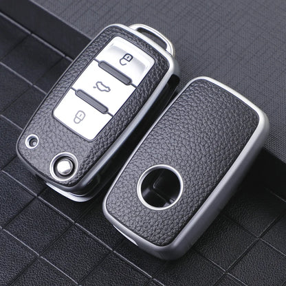 TPU Leather Car Key Case - Compatible with Volkswagen VW Bora, Polo, Tiguan, Jetta, Passat B5 B6 B7, Golf 5 6, Beetle, Skoda Octavia
