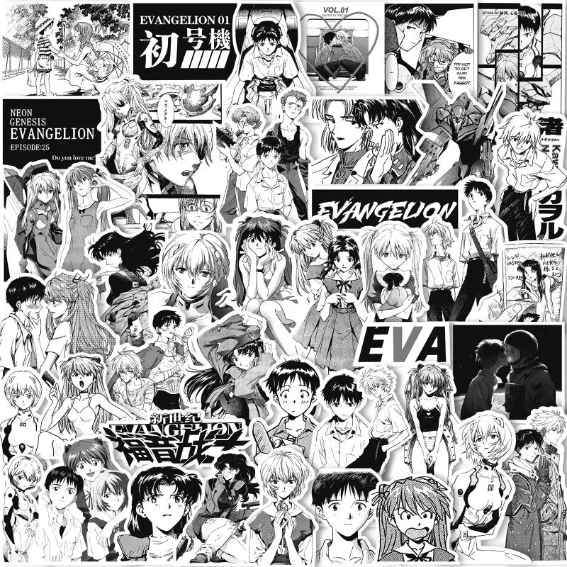 70/75-Piece Neon Genesis Evangelion Sticker Set - Black & White Sketch Anime Decals for Notebooks, Skateboards & Bikes