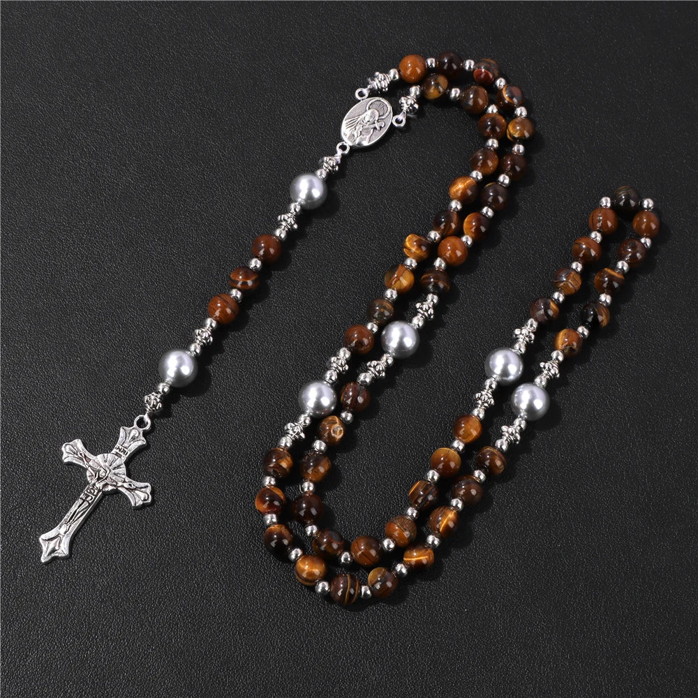 6mm Tiger Eye Rosary Beads Necklace – Catholic Jesus & Virgin Mary Pendant Long Knotted Chain Religious Jewelry for Men & Women