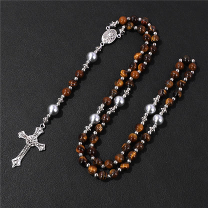 6mm Tiger Eye Rosary Beads Necklace – Catholic Jesus & Virgin Mary Pendant Long Knotted Chain Religious Jewelry for Men & Women