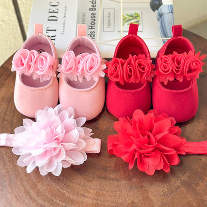 Baby Girls Flat Shoes with Flower Decor & Matching Headband – Princess Crib First Walker Shoes for Newborns and Infants
