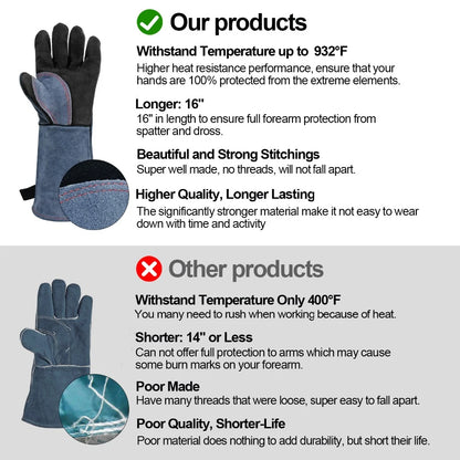 16-Inch Heat Resistant Welding Gloves – Thick Cow Split Leather Work Gloves for Welders, BBQ, Grill & Oven Use