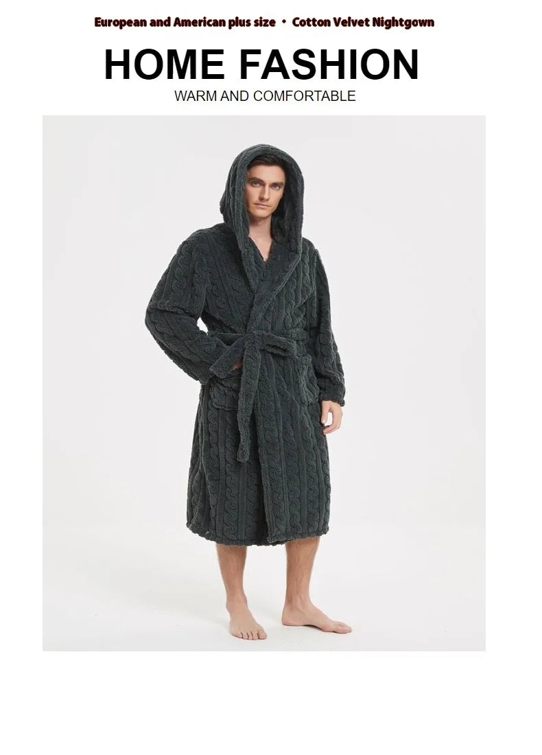 Men’s Fall & Winter Warm Hooded Robe – Thickened Cotton Velvet Jacquard Homewear for Couples