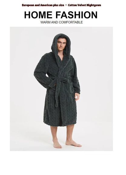 Men’s Fall & Winter Warm Hooded Robe – Thickened Cotton Velvet Jacquard Homewear for Couples