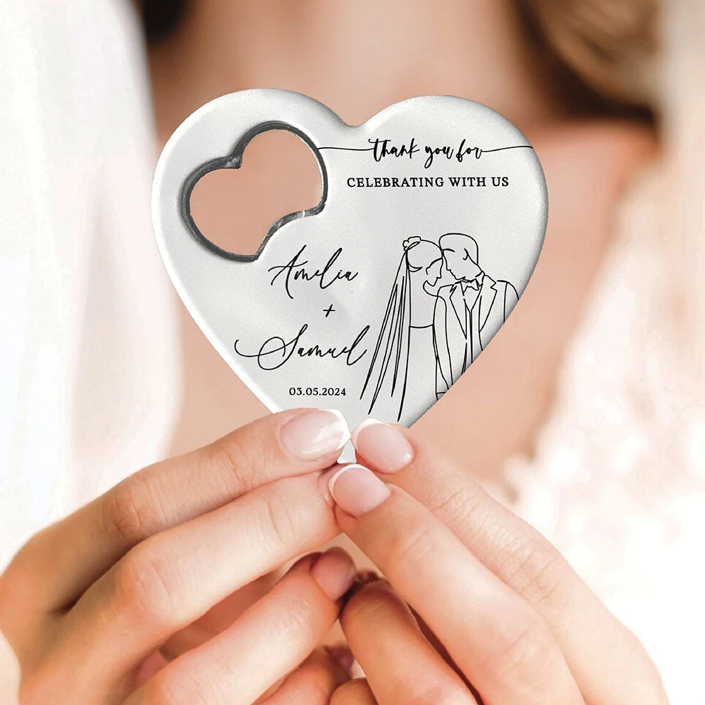 Custom Heart-Shaped Magnet Bottle Opener – 10-30pcs Engraved Bridal Shower & Wedding Party Favors in Bulk