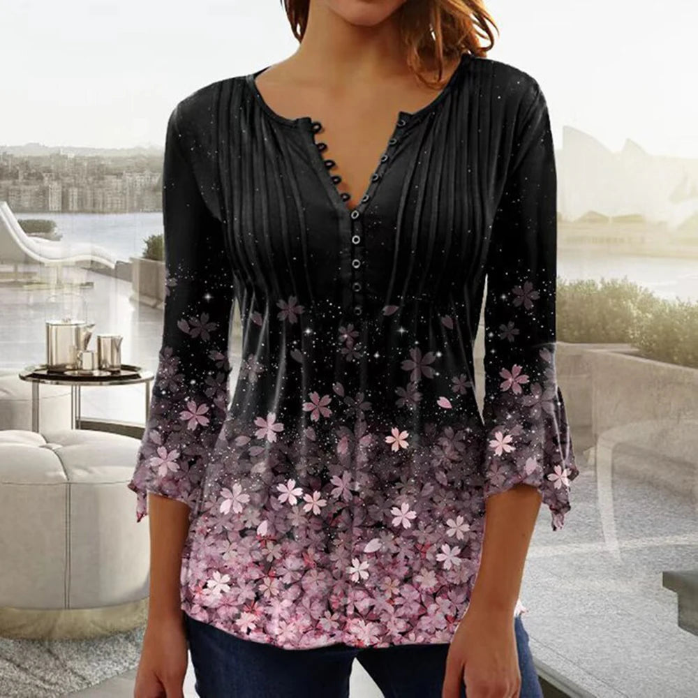 2024 Trendy 3D Printed Women’s Blouse Shirt – V Neck Button-Up 3/4 Sleeve Elegant Spring Summer Fashion Top