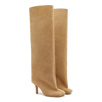 Women’s Suede Wide-Calf Knee-High Boots – Square Toe Stiletto Pull-On Riding Style Casual Chic Footwear