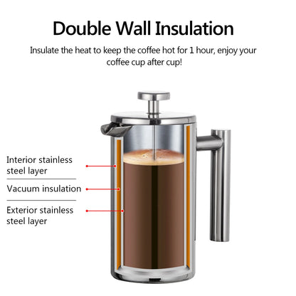 350ml/800ml/1000ml French Press Coffee Maker - Stainless Steel Double-Walled Insulated Coffee Pot