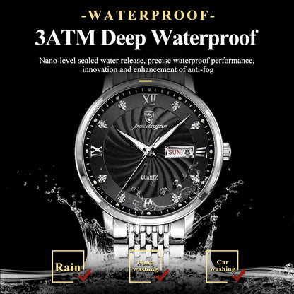 POEDAGAR Luxury Men's Watch — Waterproof Luminous Quartz Wristwatch with Date & Week, Stainless Steel Sports Fashion