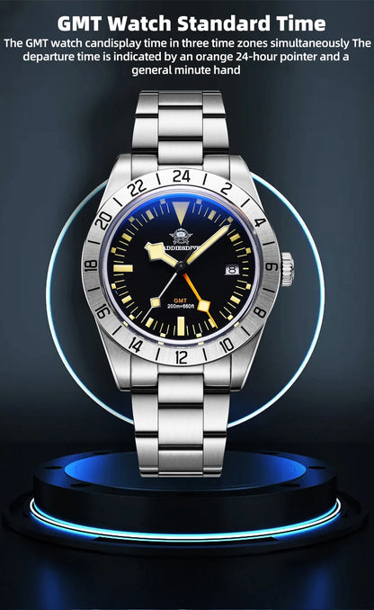 ADDIESDIVE GMT Men’s Diver Watch – 39mm Stainless Steel, Luminous Calendar Display, 20ATM Quartz Reloj Hombre