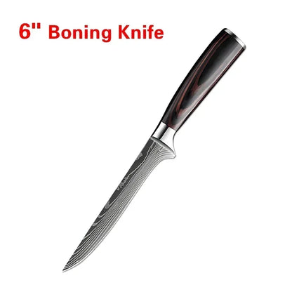 Laser Damascus Kitchen Knife Set – Cleaver, Meat, Fruit, Bread, Boning Knife and Chicken Scissors for Barbecue and Home Cooking