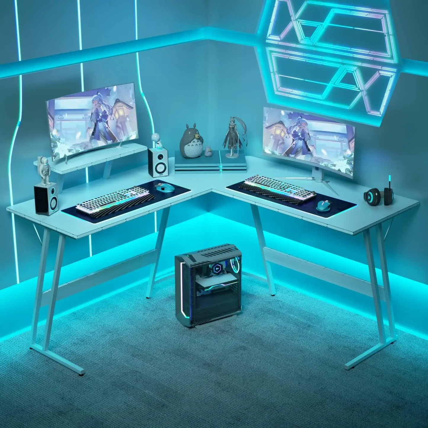 PC Gaming Desk with Large Monitor Riser – L-Shaped Corner Desk, Sturdy Writing Workstation for Office & Computer