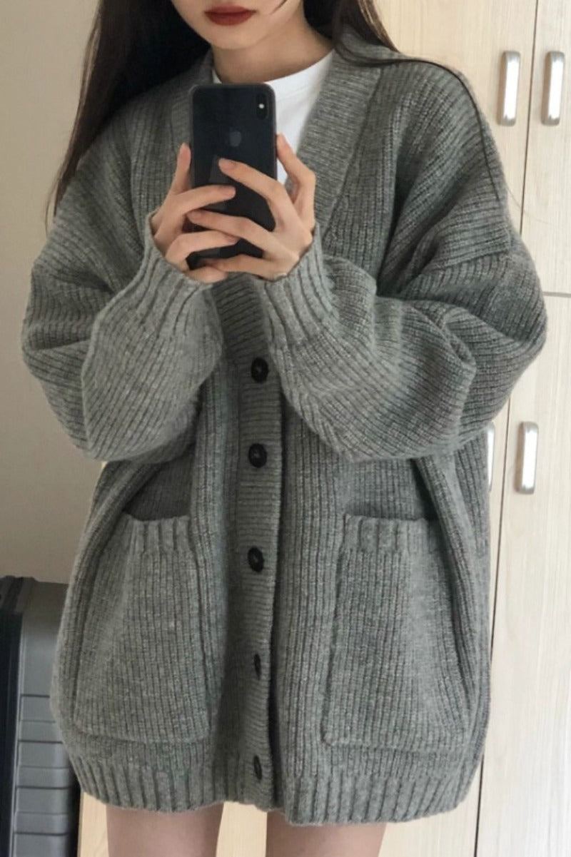 Autumn Winter Women’s Cardigan Sweater Coat – Fashion Long Sleeve V-Neck, Loose Fit Knitted Jacket, Casual Sweater Cardigan