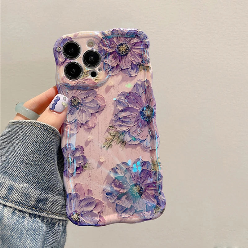 Laser Blue Light Flowers Phone Case for iPhone 11 to 14 Pro Max – Luxury Shockproof TPU Soft Silicone Cover