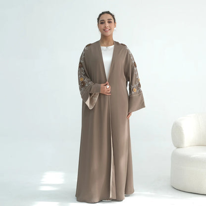 Women’s Eid 2026 Embroidered Beaded Abaya – Dubai Open Cardigan Jalabiya Long Muslim Kaftan Ramadan Party Robe