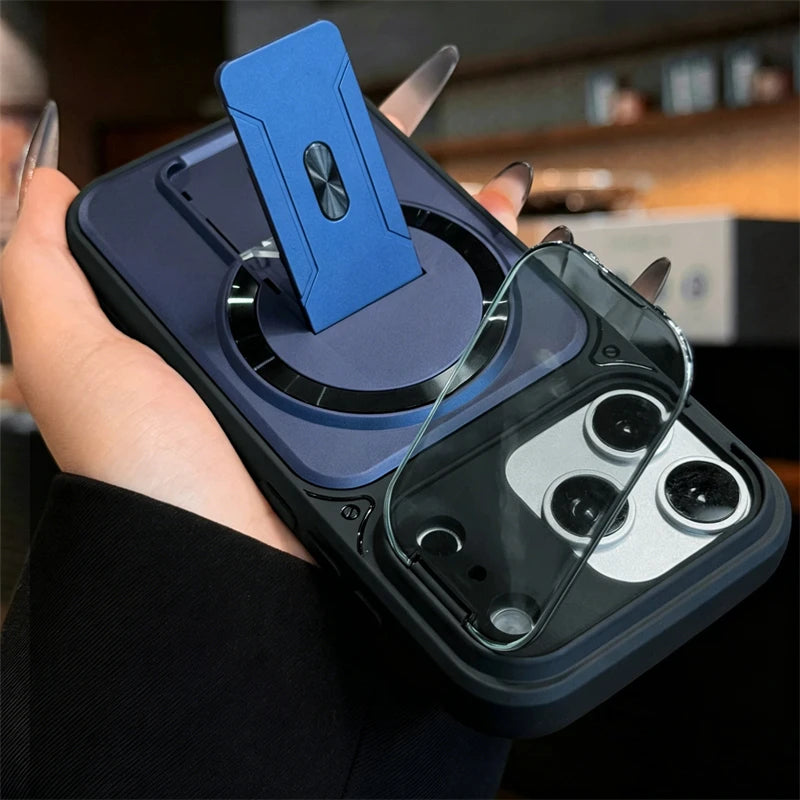 MagSafe Magnetic Armor Case - Foldable Stand & Camera Lens Protection for iPhone 11-17 Series