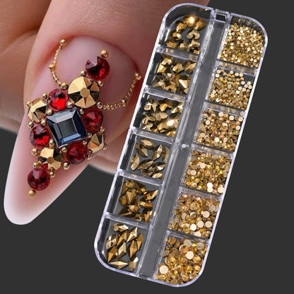 12-Grid Mixed Nail Rhinestones SS6-SS30 – Shiny Flat-Back Gems in Clear, Gold, Pink & Blue for Nail Art Decoration