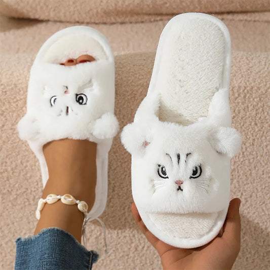 Cartoon Cat Plush Slippers - Women’s Open Toe Faux Fur Indoor Shoes with Non-Slip Wave Sole