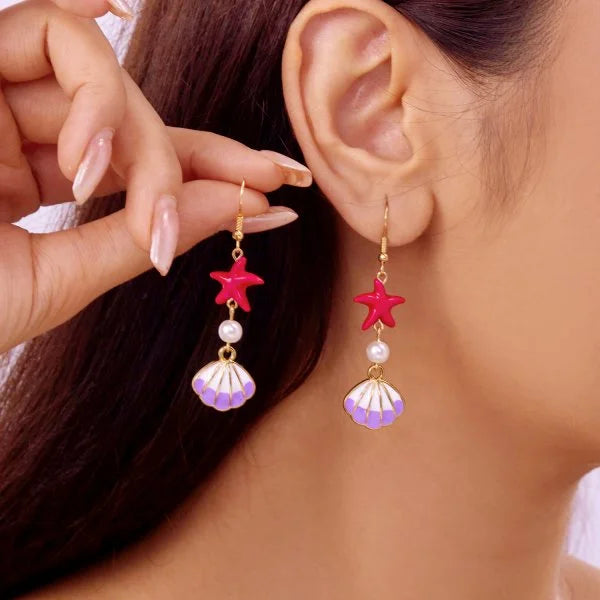 Ocean Style Asymmetric Earrings - Starfish Shell Pearl Zircon Stud Jewelry Gift for Women