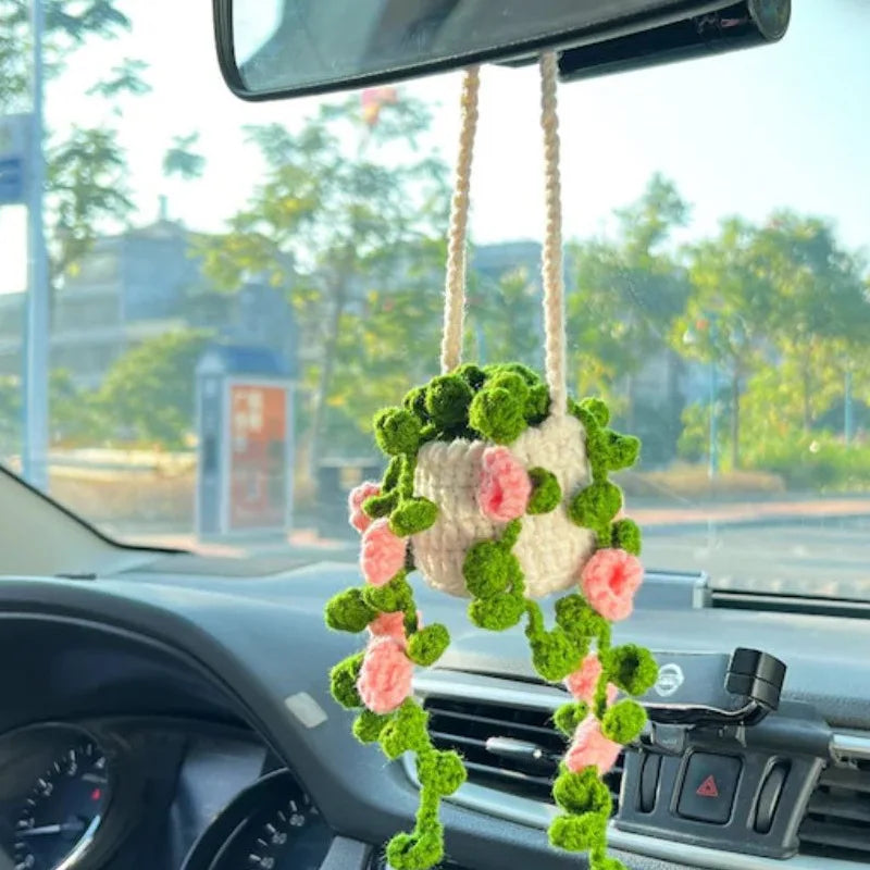 Cute Crochet Potted Plants Car Basket – Hanging Car Decor & Rear View Mirror Ornament Accessories