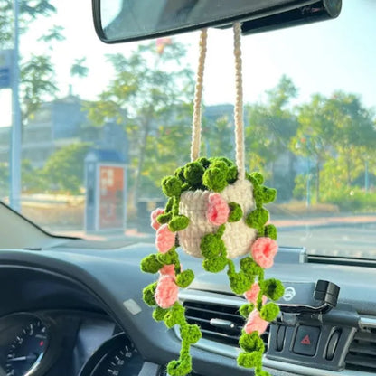 Cute Crochet Potted Plants Car Basket – Hanging Car Decor & Rear View Mirror Ornament Accessories
