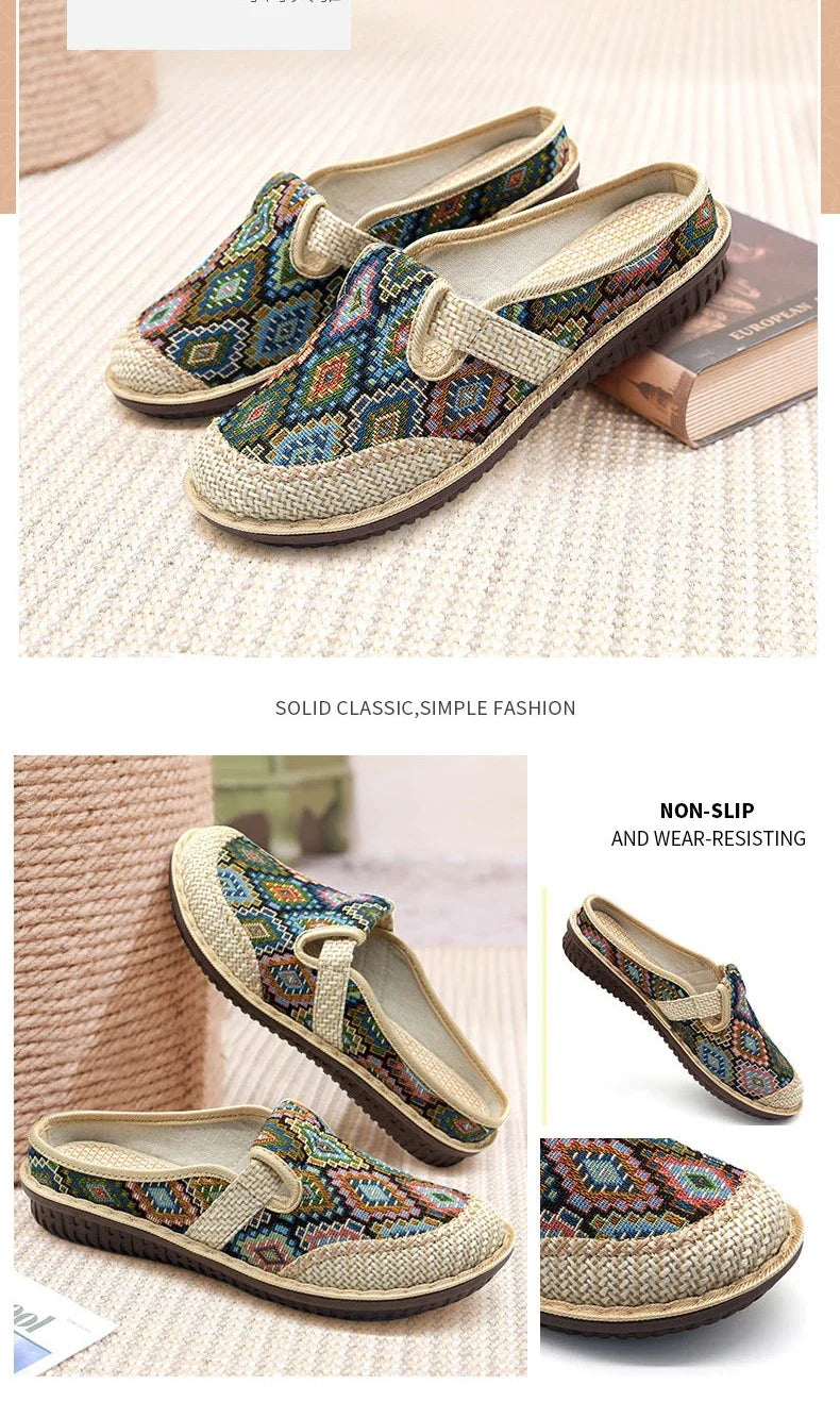 2024 Fashion Women’s Ethnic Embroidered Linen Shoes – Breathable Casual Outdoor Slippers