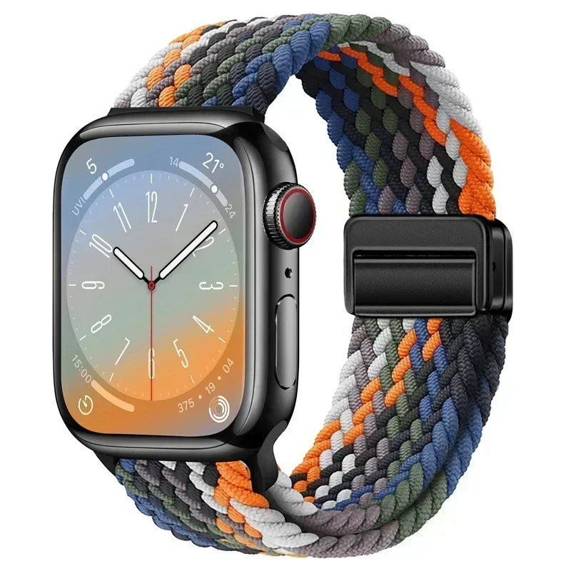 Nylon Braided Loop Apple Watch Band – Magnetic Metal Bracelet Strap for Ultra 2, Series 3–9 & SE (40mm–49mm) Adjustable Wristband