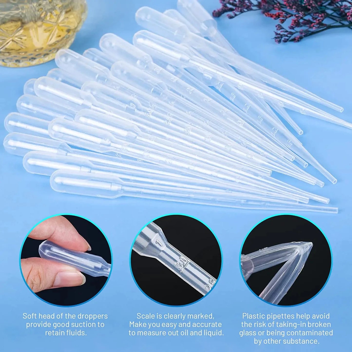 100PCS Disposable Graduated Pipettes Set – 1ml/2ml/3ml/5ml Plastic Liquid Dropper Straws for Laboratory, Makeup & DIY Use