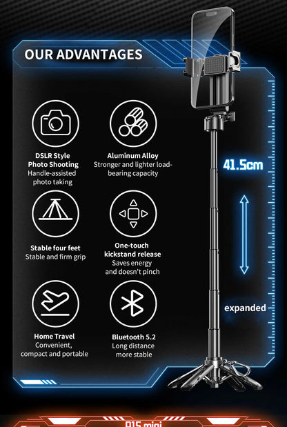 Mini Tripod Selfie Stick 2025 – Bluetooth Remote, One-Touch Push Button, 360° Rotating Stand for iPhone