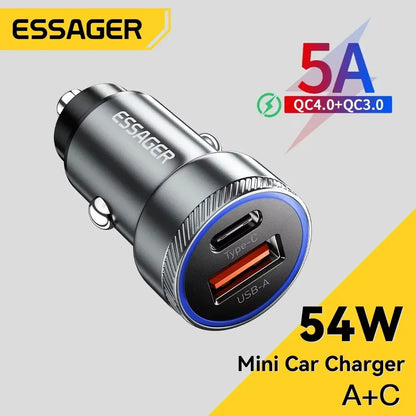 Essager 54W Car Charger – 5A Fast Charging USB Type-C QC 3.0 PD 3.0 SCP Dual Port Quick Charge Adapter for iPhone, Samsung & Xiaomi Devices
