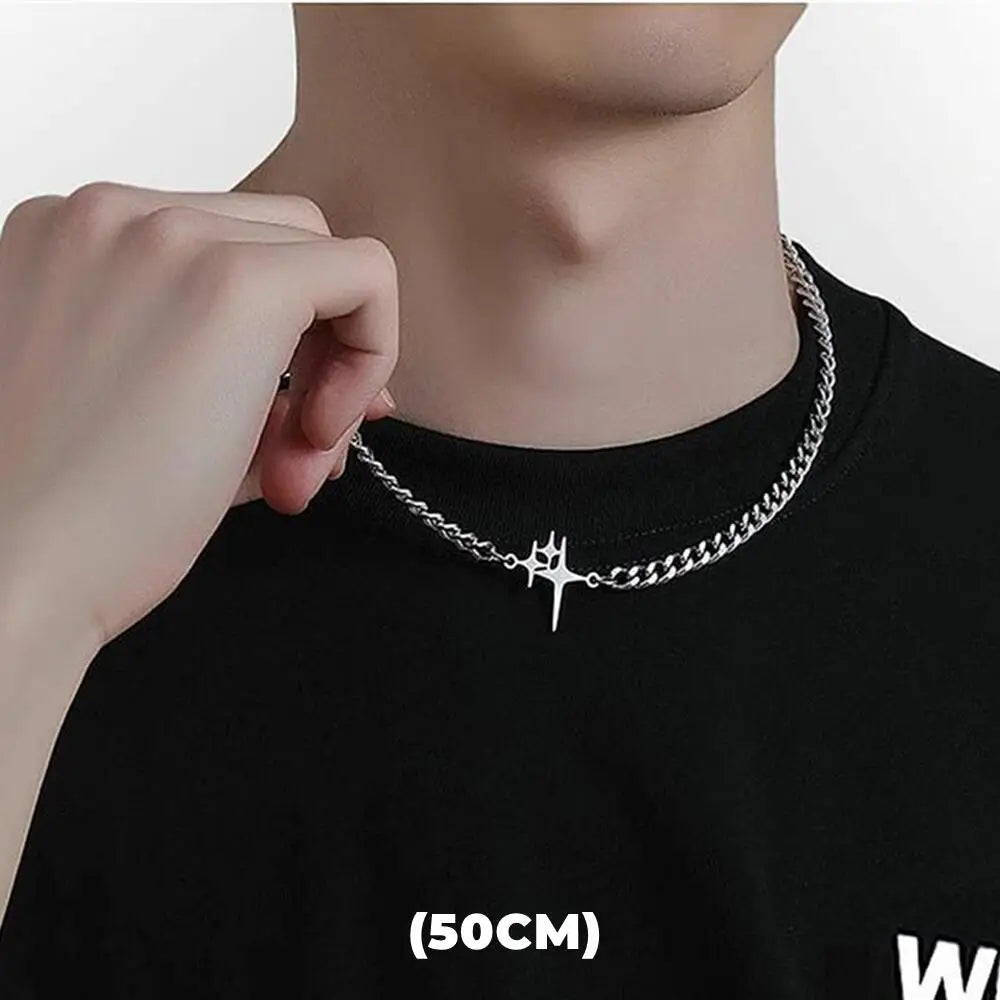 Hip Hop Zircon Star Double Layer Necklace - Titanium Steel Pendant Chain for Men & Women, Unisex Trendy Jewelry