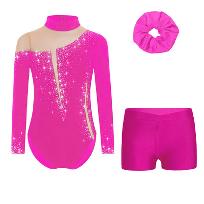 Kids Girls Long-Sleeve Ballet Leotard with Body Shorts & Hair Band — Gymnastics Dance Bodysuit