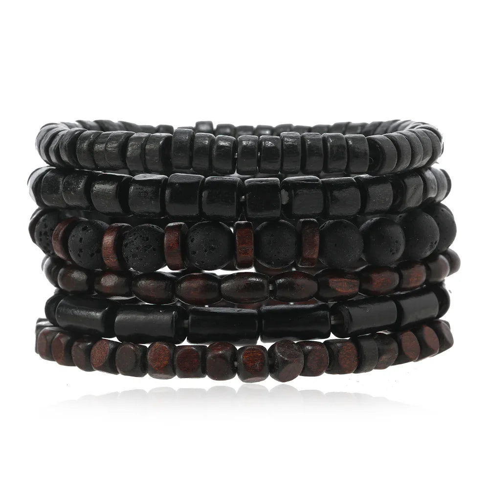 4Pcs Men's Braided Leather Bracelets Set – Vintage Life Tree & Rudder Charms, Wood Beads, Ethnic Tribal Wristbands