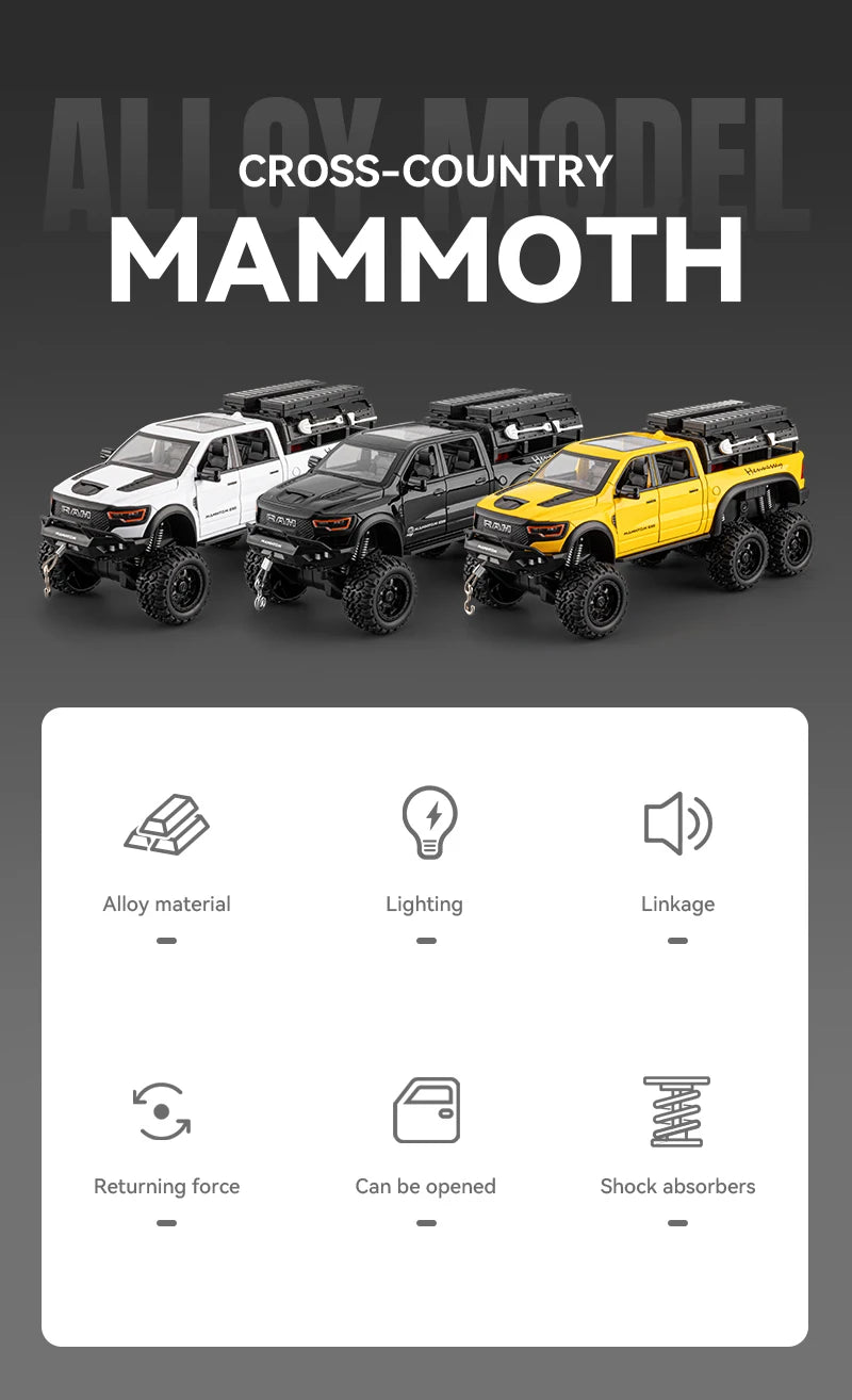 1:24 Dodge Mammoth RAM 1000 TRX 6x6 Diecast Model – Metal Alloy Pickup Toy Car with Lights for Kids & Collectors