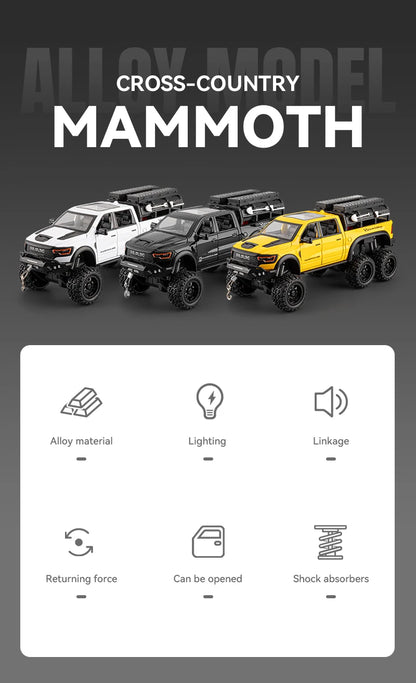 1:24 Dodge Mammoth RAM 1000 TRX 6x6 Diecast Model – Metal Alloy Pickup Toy Car with Lights for Kids & Collectors