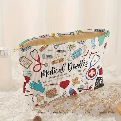 Medical Graffiti Corduroy Makeup Bag – Lightweight Zipper Storage Pouch with Lining